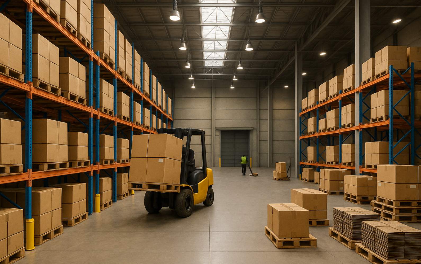 Chariot élévateur manutentionnant des palettes dans un entrepôt géré avec SAP EWM
